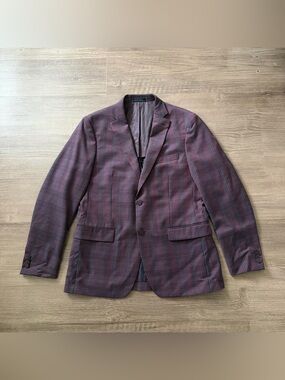 Michael Kors Mens 40R 100% Wool Burgundy Plaid Sport Coat Blazer